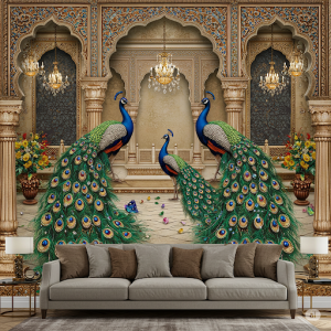 Indian Maharajah Peacock Wallpaper Mural. Lavish peacocks adorned with jewels, in a setting evoking Indian royal courts.