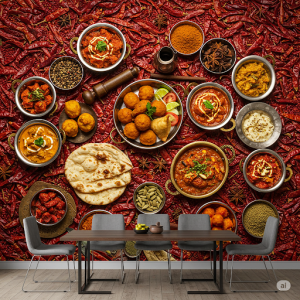 Indian restaurant wallpaper mural in the bumpy surface of dried chilies.