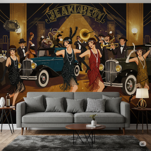 Jazz Age Wallpaper Mural. Flapper dancers, jazz musicians, classic cars from the 20s/30s.