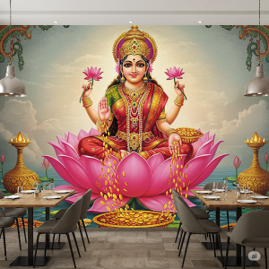 Lakshmi, Goddess of Wealth and Prosperity, Restaurant Wallpaper Mural. A serene portrayal of Lakshmi seated on a lotus flower, with gold coins flowing from her hands.