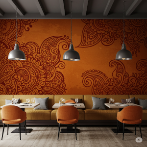 Large-Scale Mehndi Motif Indian Restaurant Wallpaper Mural Featuring a few oversized Mehndi elements. This creates a dramatic focal point.
