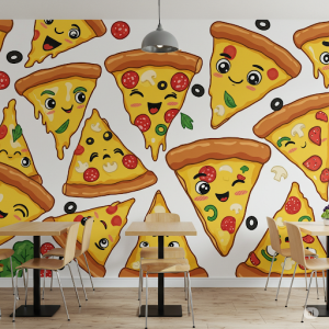 Large, cartoonish pizza slices with friendly, expressive faces and playful toppings.