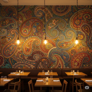 Layered Paisley Textures Wallpaper. A restaurant mural that uses layers of Paisley patterns in varying scales and opacities to create a sense of depth and visual texture.