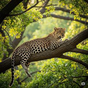 Leopard in a Forest Canopy Animal Mural Painting. A sleek leopard lounges on a thick branch high up in the forest canopy, showcasing its camouflage and arboreal grace.