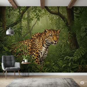 Leopard in the Jungle Mural Painting. A camouflaged leopard blends into lush foliage.