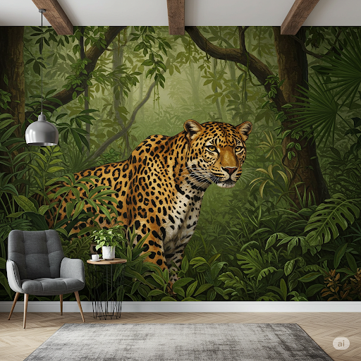 Leopard in the Jungle Mural Painting. A camouflaged leopard blends into lush foliage. Leopard in the Jungle Mural Painting. A camouflaged leopard blends into lush foliage.
