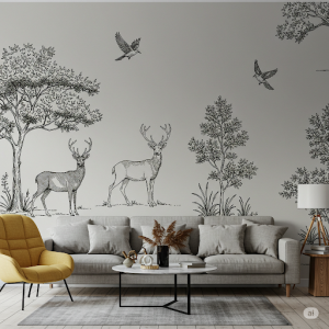 Line Art Elegance Animal Wallpaper Mural. Minimalist black or white line drawings of animals and trees on a solid or subtle background.