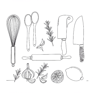 Line wall art of kitchen utensils or ingredients.