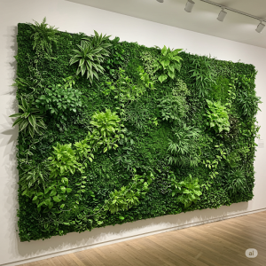 Living Wall Illusion Restaurant Wallpaper Mural. A 3D mural mimics the texture and depth of a lush, vertical garden using sculpted foliage that creates the illusion of greenery.