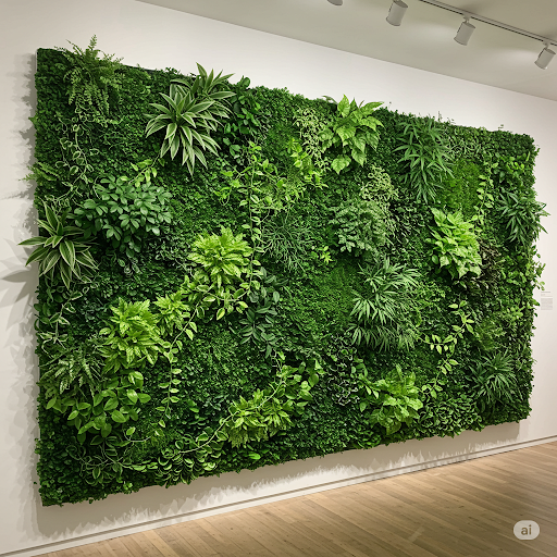 Living Wall Illusion Restaurant Wallpaper Mural. A 3D mural mimics the texture and depth of a lush, vertical garden using sculpted foliage that creates the illusion of greenery. Living Wall Illusion Restaurant Wallpaper Mural. A 3D mural mimics the texture and depth of a lush, vertical garden using sculpted foliage that creates the illusion of greenery.