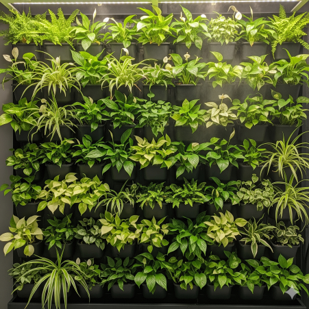 Living Walls (Indoor Vertical Gardens) Living Walls (Indoor Vertical Gardens): A true living wall with real, potted plants, offering air purification and a stunning visual.