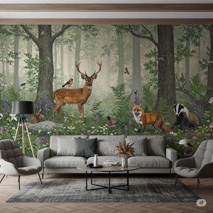 Living room forest animals wallpaper mural.