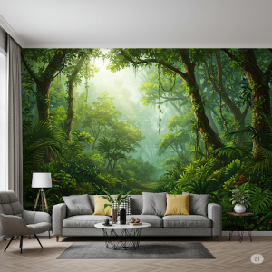 Lush Tropical Forest Living Room Mural. 