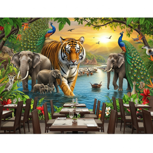 Majestic wildlife of India restaurant wallpaper mural.