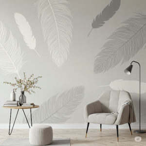 Minimalist Feather Array Wallpaper Mural. A sparse arrangement of just a few elegantly placed, simplified feather motifs.