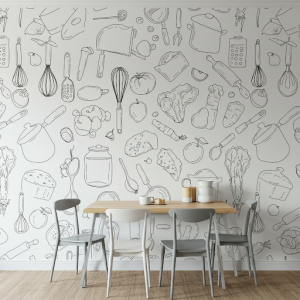 Minimalist line drawings of kitchen utensils and food mural.