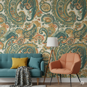 Modern Paisley Wallpaper Mural. A contemporary take on Paisley, where the traditional elements are reinterpreted with a modern color palette.
