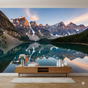 Mountain Peaks Reflections in Still Water Lake Wallpaper Mural.