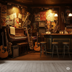 Music Theme Bar Wallpaper Mural. Musical instruments and motifs.