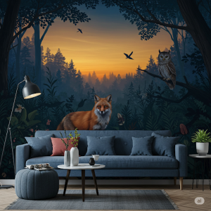 Mysterious Dusk Forest Animals Wallpaper Mural. Shadows lengthening, nocturnal animals emerging, a sense of quiet anticipation.
