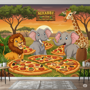 Nairobi Pizza Safari Restaurant Wallpaper Mural. Playful animal characters (lions, elephants, giraffes in a cartoon style) enjoying oversized pizza slices in a savanna setting.