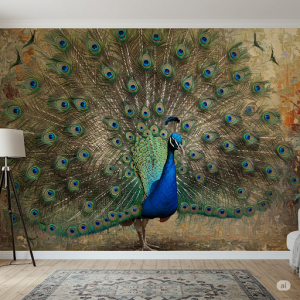 Oil Painting Grandeur: A mural designed to look like a large-scale, textured oil painting of a peacock.