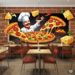 Optical Illusion Pizza Restaurant Wallpaper Mural. 