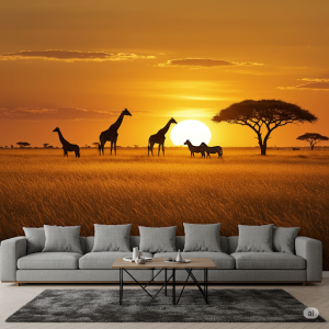 Panoramic Savannah Sunset Wallpaper Mural. A sweeping vista of golden grasslands meeting a fiery sunset, with silhouettes of iconic giraffes, zebras, and an acacia tree dotting the horizon.