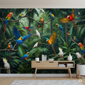 Parrot Perch & Palm Canopy Tropical Forest Wallpaper