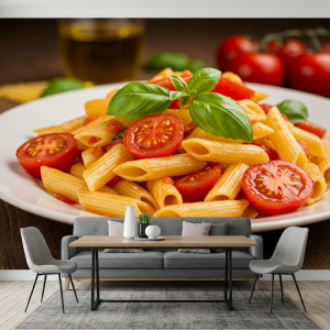Pasta with fresh tomatoes and basil wallpaper mural