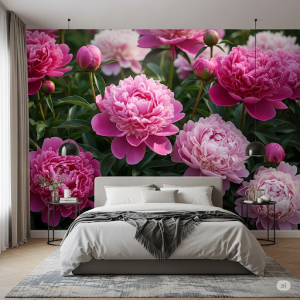 Peony Garden Bedroom Wallpaper Mural. Lush, full pink peonies in various stages of bloom.