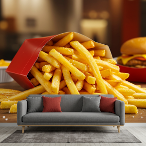 Perfectly golden and salted French fries overflowing from a container, a fast food wallpaper mural.