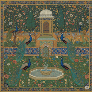 Persian Garden Peacock Wallpaper Mural. Stylized peacocks in a vibrant, intricate garden setting typical of Persian miniature paintings.