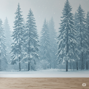 Pine Forest with Snow Mural Painting. Snow-laden branches, crisp air, cool blues and whites.