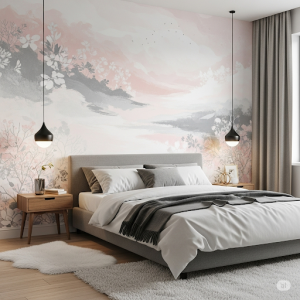 Pink, grey, and white wall art.