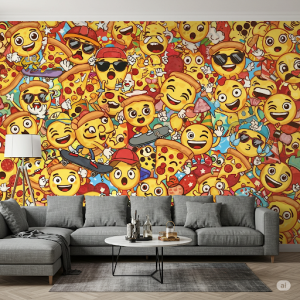 Pizza Emojis Gone Wild Restaurant Mural. Large, expressive pizza emojis in various poses and scenarios.