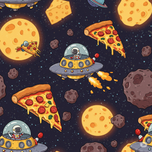 Pizza Planet Adventure Mural. Cartoon pizzas as spaceships exploring a galaxy of cheese planets and pepperoni asteroids.