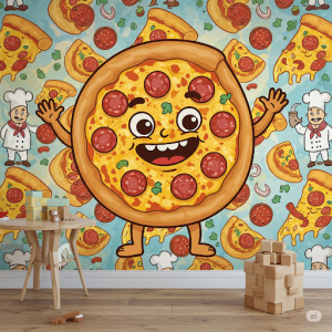 Pizza mural interlocking circles, echoing the whole pie.