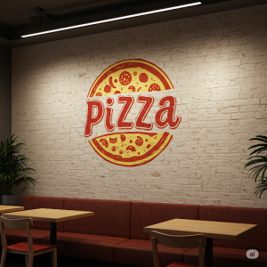 Pizza restaurant wall branding.