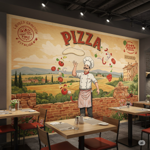 Pizza restaurant wall mural with sufficient negative space.