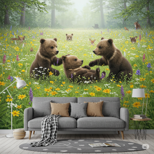 Playful Bear Cubs, Forest Animals Wallpaper Mural. Fuzzy bear cubs tumbling amongst wildflowers.