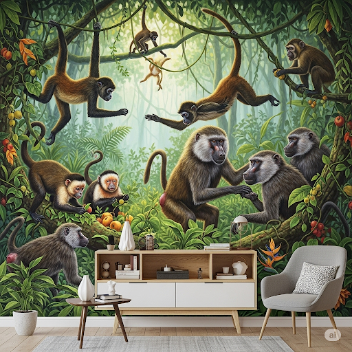 Playful Primate Troop. A lively mural showcasing various monkeys and baboons interacting in a lush, green jungle setting. Playful Primate Troop
