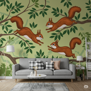 Playful squirrels chase each other up leafy branches, living room wallpaper mural.