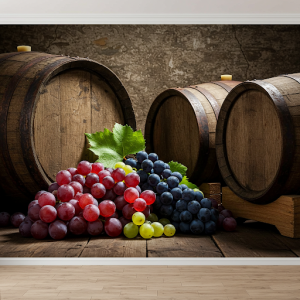 Plump grapes, their colors rich and inviting, alongside rustic wooden barrels and stone walls wallpaper mural.