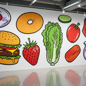 Pop art style food indoor wall illustrations.