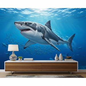Powerful shark in a dynamic hunting pose, wallpaper mural.