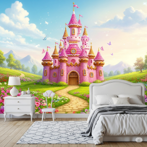 Princess Castle Bedroom Wallpaper Mural. A whimsical pink castle in a storybook setting.