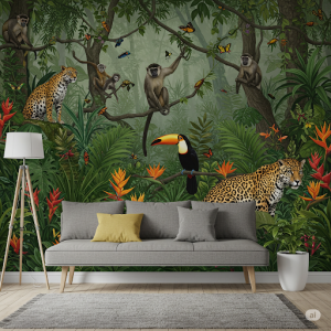 Rainforest animals and foliage wallpaper mural painting.