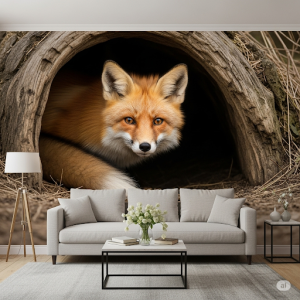 Red Fox peeking from a den, living room wallpaper mural.