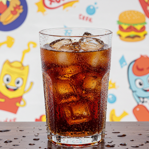 Refreshing, bubbly soda with ice and condensation